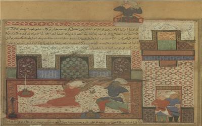 نگاره ضربت خوردن حضرت امیر المومنین علی (ع) در مسجد کوفه "حدیقه السعداء" قرن 16 میلادی